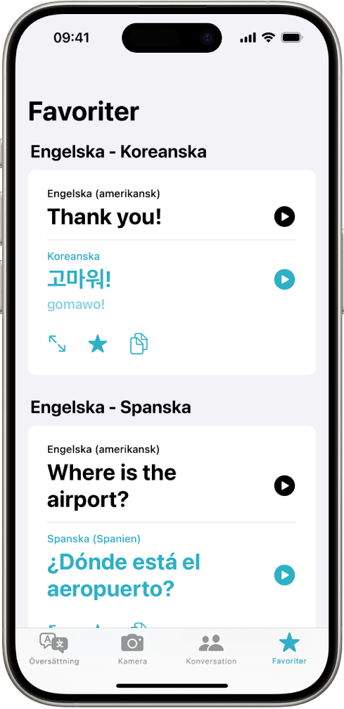 Fliken Favoriter som visar sparade fraser som översatts från engelska till koreanska och engelska till spanska.