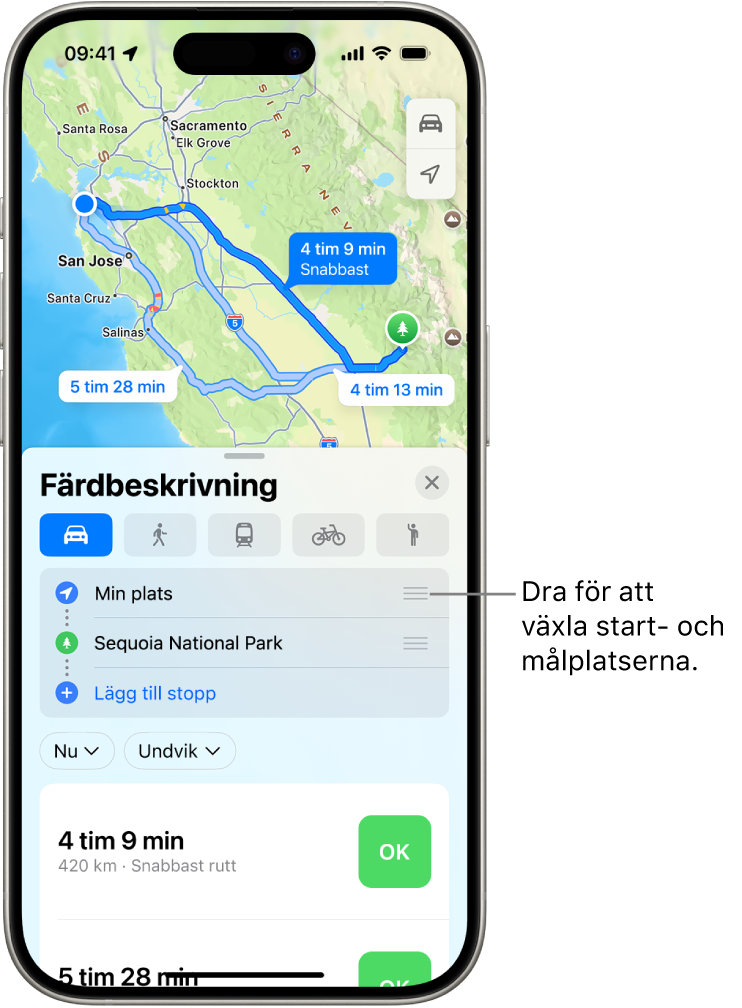 En karta med flera möjliga rutter för färdbeskrivning för bil mellan Min plats och ett mål.
