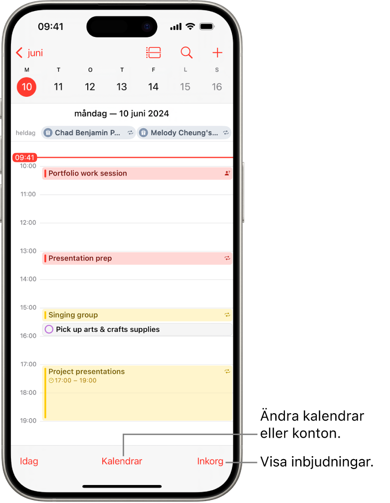 En kalender som visar vyn Dag och dagens aktiviteter. Knappen Kalendrar finns längst ned i mitten av skärmen och knappen Inkorg längst ned till höger.
