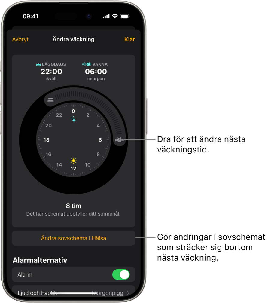En skärm för att ändra nästa väckarklocka. Platsen för knappen för ringande alarm ställer in tiden för alarmet.