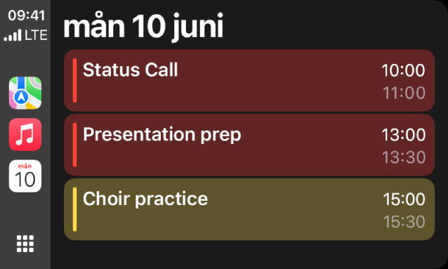 CarPlay med Kartor, Musik och Kalender i sidofältet. Till höger visas aktiviteter för måndagen den 5 juni, med portföljarbete, workshop om ledarskap, förberedelse av presentation och kör.