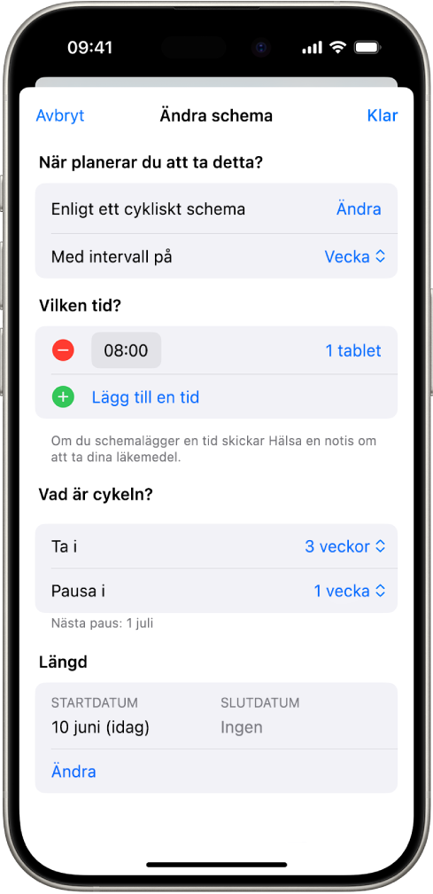 Skärmen Läkemedel i Hälsa med alternativ för att ändra schemat för ett läkemedel.
