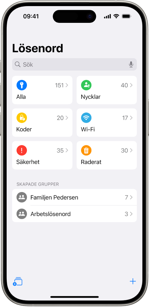 Hemskärmen för appen Lösenord med knappar för Alla, Nycklar, Verifieringskoder, Wi-Fi, Säkerhet och Raderade samt en lista med delade grupper.