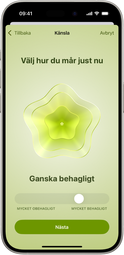 En skärm i appen Hälsa identifierar ditt nuvarande humör som Något bekväm. På nederkanten av skärmen finns ett reglage för att justera känslans intensitet.