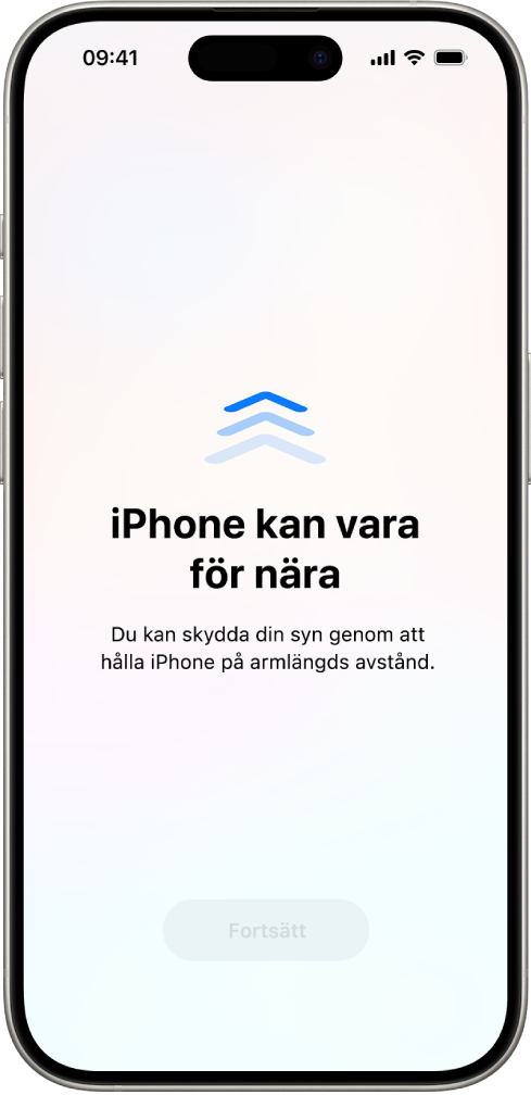 En skärmvarning om att du håller iPhone för nära och att du bör öka avståndet för att skydda synhälsan. Varningen täcker skärmen så att du inte kan fortsätta. Knappen Fortsätt visas och blir aktiv när du håller iPhone på ett längre, säkert avstånd.