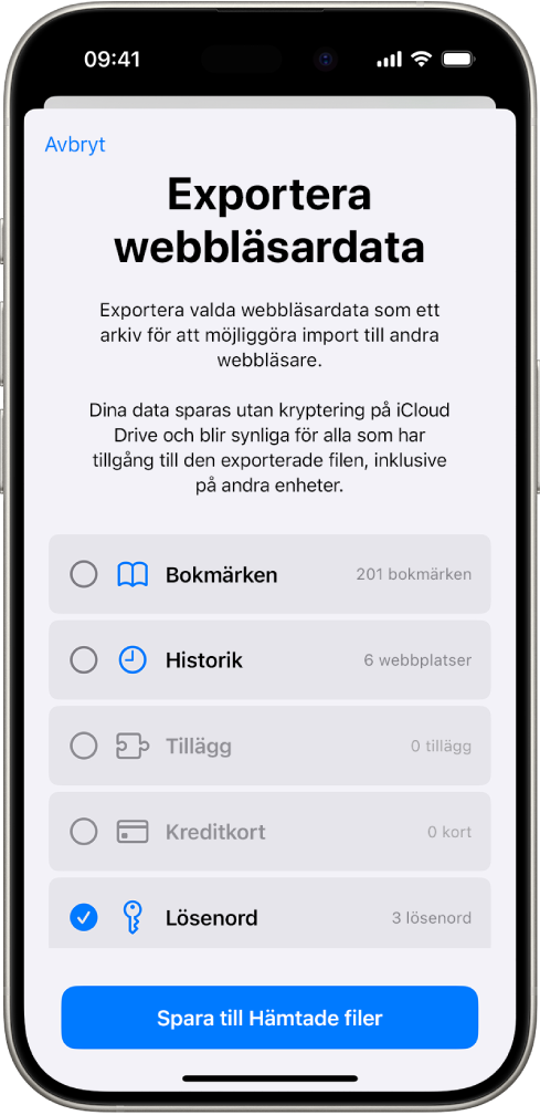Skärmen Exportera surfdata med alternativet Lösenord markerat för export till en annan lösenordshanterare.