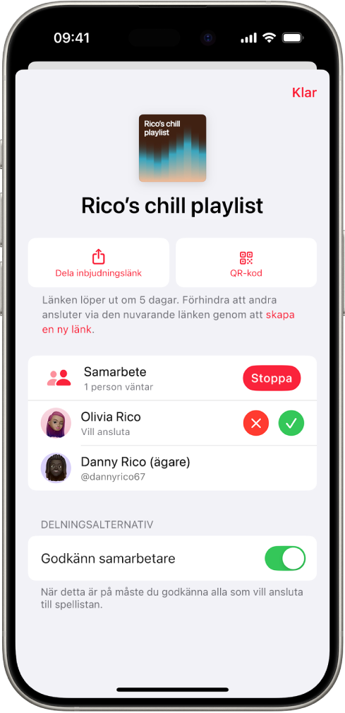 Skärmen Hantera samarbete i appen Musik.