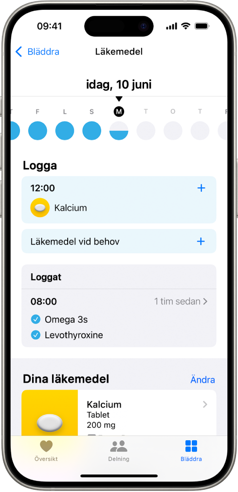 Skärmen Läkemedel i Hälsa med datumet och en logg för läkemedel.