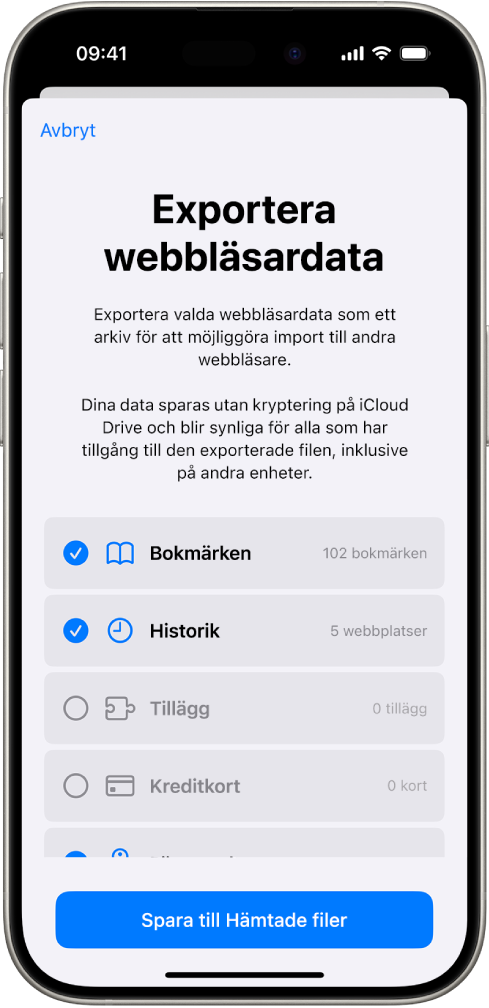 Skärmen Exportera webbläsardata visar de data du kan exportera från Safari till en annan webbläsare.