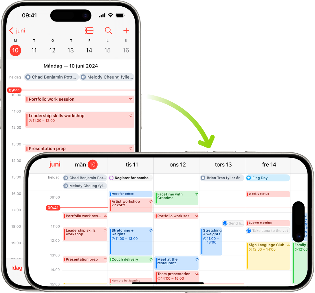 I bakgrunden visas en skärm i Kalender på iPhone med en dags aktiviteter i stående läge. I förgrunden visas en iPhone som har roterats till liggande läge, och där aktiviteter för hela veckan visas i Kalender.