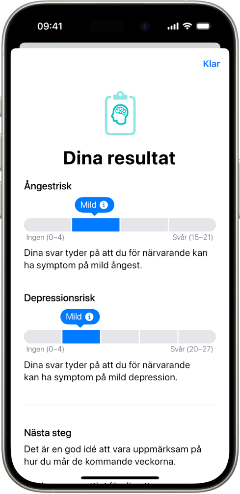En skärm i appen Hälsa med resultat från en självskattning om psykisk hälsa.