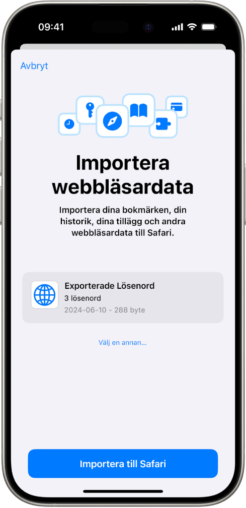 Skärmen Importera surfdata visar CSV-filen med lösenorden från en annan lösenordshanterare som ska importeras.