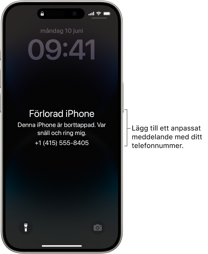 En låsskärm på iPhone med ett meddelande om en borttappad iPhone. Du kan lägga till ett eget meddelande med ditt telefonnummer.