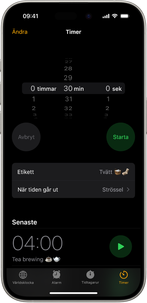 En skärm till att lägga till en timer med inställningar för att ställa in en timer och en knapp till att starta en nyligen skapad timer.