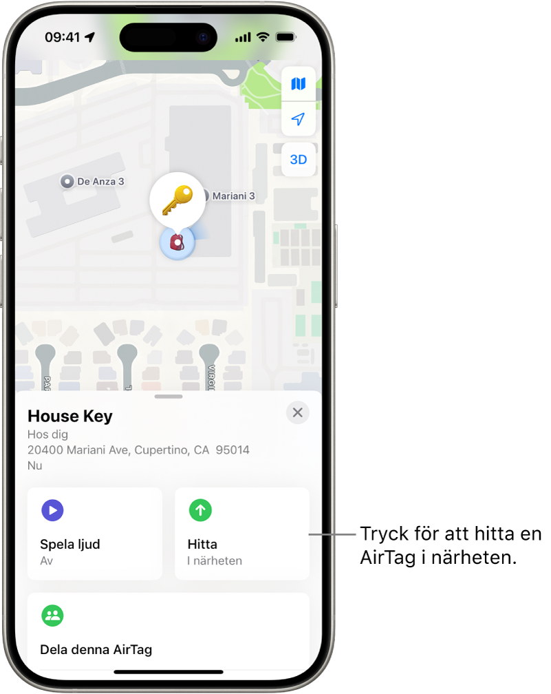 Appen Hitta öppnas och visar Dannys nycklar i Golden Gate Park. Hitta en AirTag i närheten genom att trycka på Hitta-knappen.