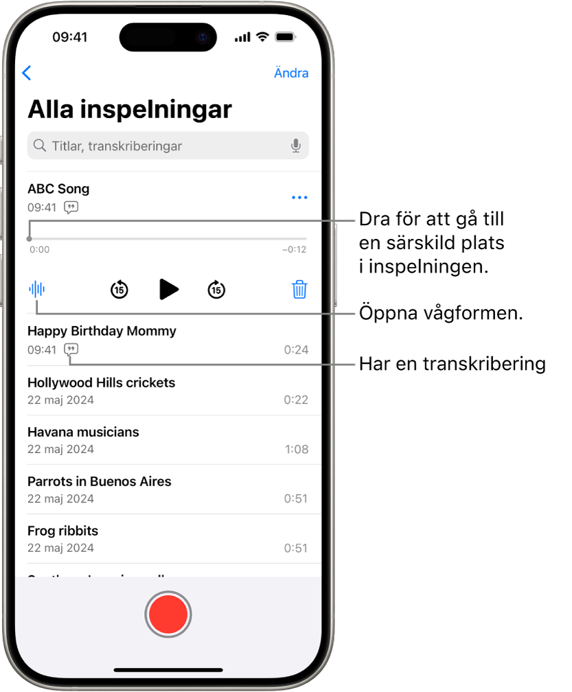 Skärmen med en lista med röstmemon och en markerad inspelning överst. Inspelningens tidslinje har ett uppspelningshuvud som du kan dra när du vill gå till en viss plats i inspelningen. Uppspelningsreglagen är nedanför tidslinjen.
