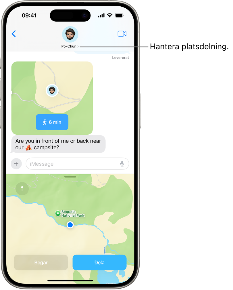 En konversation med en delad plats i Meddelanden.