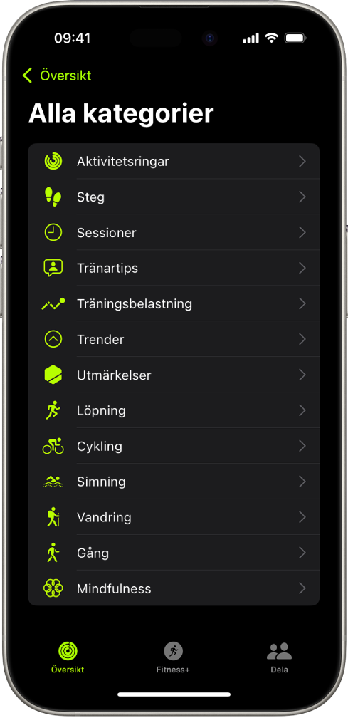 Fitness-skärmen med en lista över träningskategorier.