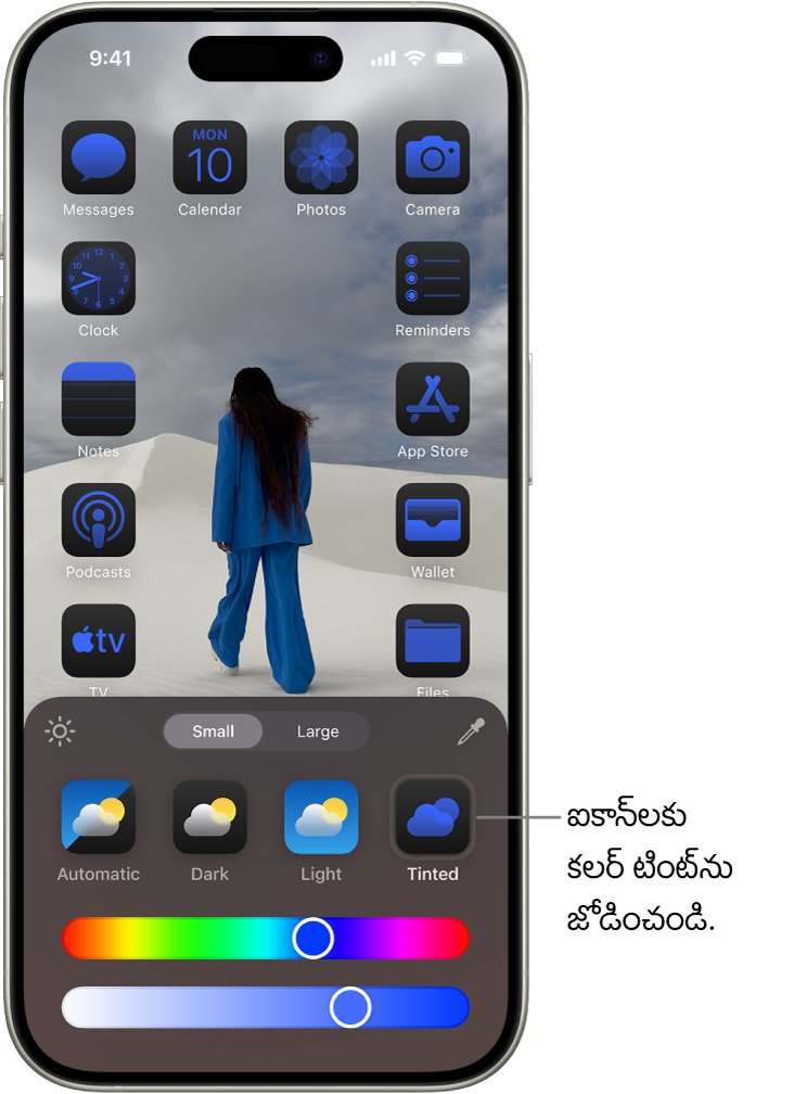 ఫోటోను ఫ్రేమ్ చేయడానికి అమర్చబడి, ఐకాన్‌లను కస్టమైజ్ చేయడానికి స్క్రీన్ దిగువన కంట్రోల్ చేసే నీలిరంగులో ఉన్న ఐకాన్‌లతో కస్టమైజ్ చేసిన హోమ్ స్క్రీన్. ఆప్షన్‌లలో ఆటోమేటిక్, డార్క్, లైట్, టింటెడ్ బటన్‌లు, రంగు ఇంకా సాచురేషన్‌ను ఎంచుకోవడానికి స్లైడర్‌లు, ఐకాన్‌ల సైజ్‌ని సెట్ చేయడం కోసం ఉన్న చిన్న, పెద్ద బటన్‌లు.