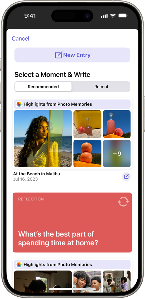 ఎగువ భాగంలో ‘కొత్త ఎంట్రీ’ బటన్, దిగువన జర్నలింగ్ సలహాలను చూపుతున్న స్క్రీన్.