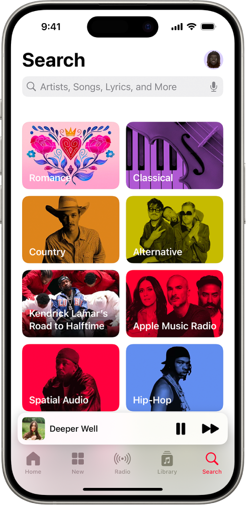 ఎగువన శోధన ఫీల్డ్ను చూపుతున్న శోధన స్క్రీన్. ఎనిమిది రకాల సంగీతం దిగువన కనిపిస్తుంది.