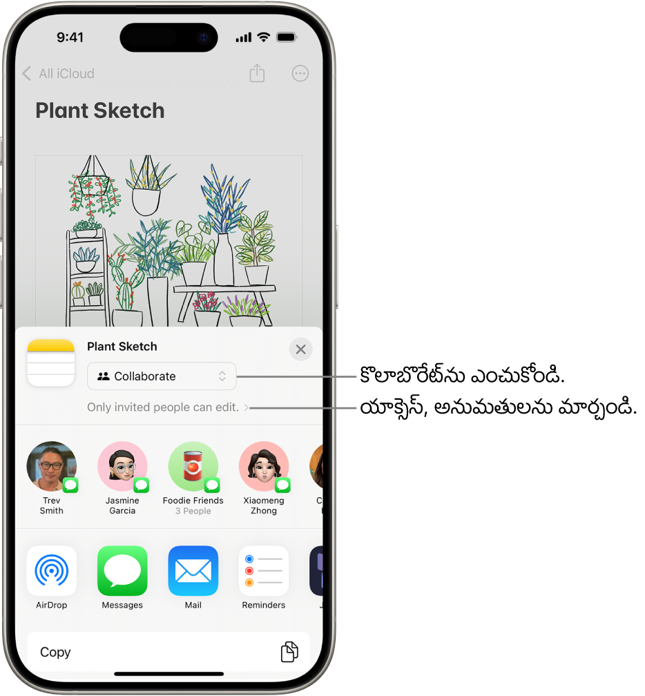 షేర్ చేయడం ఎంపిక కోసం కొలబొరేట్, యాక్సెస్, అనుమతి సెట్టింగ్గా “మీరు ఆహ్వానించిన వ్యక్తులు మాత్రమే ఎడిట్ చేయగలరు” అని చూపుతున్న, నోట్స్లో డ్రాయింగ్ చేయడానికి కొలబొరేషన్ ఆహ్వానం. ఒక గ్రూప్తో సహా స్వీకర్తలు అయ్యే అవకాశం ఉన్న నలుగురు, దిగువన వరుసను చూపుతుంది. నోట్ను షేర్ చేయడానికి వివిధ మార్గాలను అందిస్తున్న దిగువ వరుస: AirDrop, సందేశాలు, Mail, Freeform.