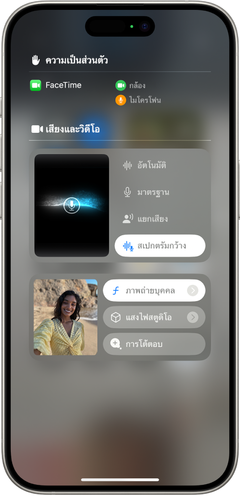 การตั้งค่าเอฟเฟ็กต์วิดีโอในศูนย์ควบคุมระหว่างการโทร FaceTime โหมดภาพถ่ายบุคคลเปิดใช้อยู่และภาพของผู้โทรแสดงขึ้นในช่องสี่เหลี่ยมขนาดใหญ่ที่ใช้เอฟเฟ็กต์ภาพถ่ายบุคคลที่มีภาพพื้นหลังเบลอและวัตถุหลักที่โดดเด่น