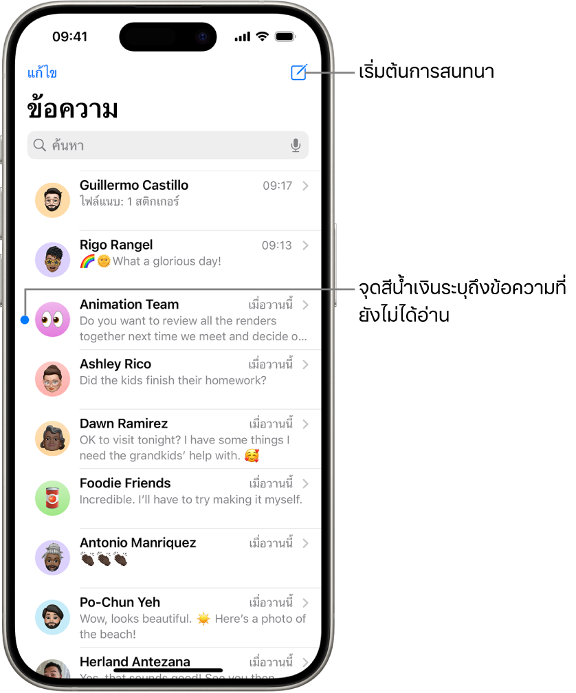 รายการการสนทนาในแอปข้อความที่มีปุ่มเขียนที่ด้านขวาบนสุด จุดสีน้ำเงินที่ด้านซ้ายของข้อความระบุว่ายังไม่ได้อ่าน