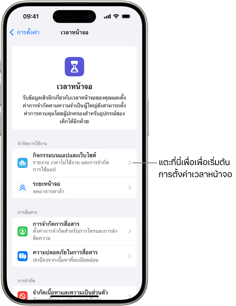 หน้าจอสำหรับตั้งค่าเวลาหน้าจอที่แสดงว่าคุณแตะกิจกรรมบนแอปและเว็บไซต์เพื่อเริ่มต้นใช้งาน