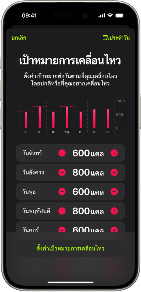 หน้าจอเป้าหมายการเคลื่อนไหวในฟิตเนสที่แสดงปุ่มต่างๆ เพื่อเพิ่มหรือลดเป้าหมายการเคลื่อนไหวตามวันของสัปดาห์
