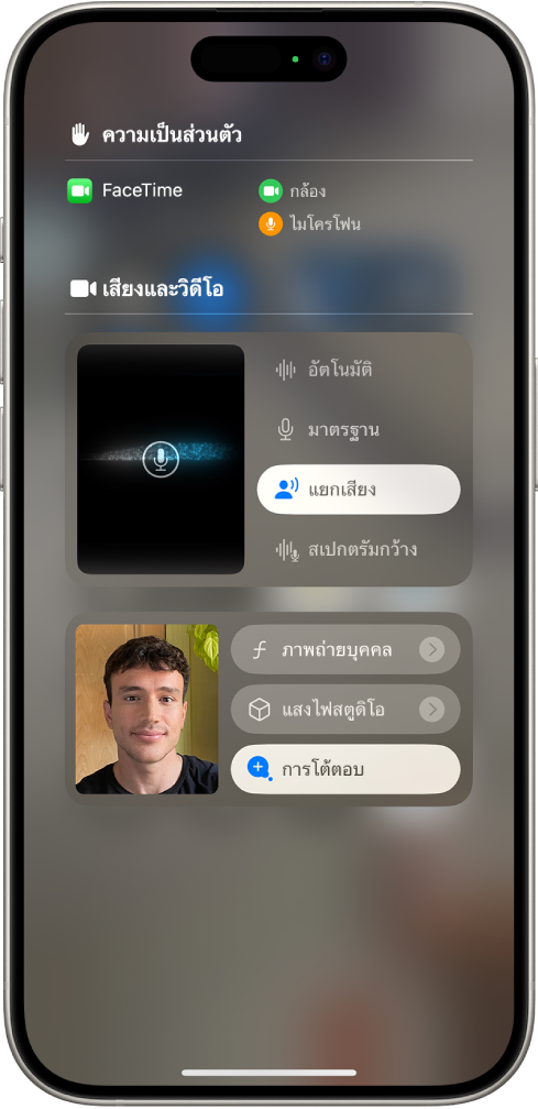 การตั้งค่าศูนย์ควบคุมสำหรับการโทร FaceTime ที่แสดง อัตโนมัติ มาตรฐาน แยกเสียง และ สเปกตรัมกว้าง ในการตั้งค่าเสียง