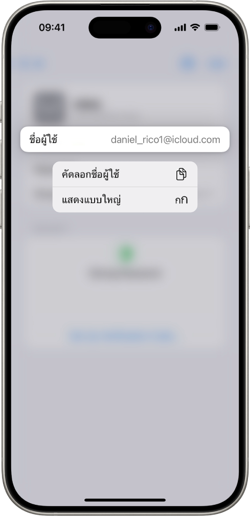 หน้าจอบัญชีที่แสดงชื่อผู้ใช้ที่ถูกไฮไลท์อยู่ พร้อมตัวเลือกในการคัดลอกชื่อผู้ใช้และแสดงแบบใหญ่