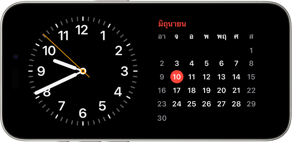 iPhone หันอยู่ในแนวนอน ด้านซ้ายของหน้าจอแสดงนาฬิกาและด้านขวาของหน้าจอแสดงวันที่