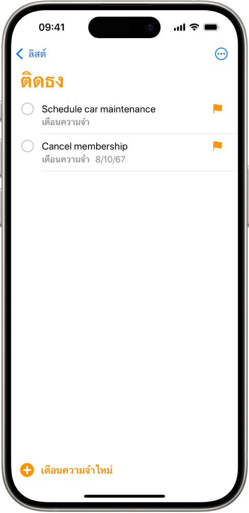 หน้าจอเตือนความจำที่แสดงลิสต์อัจฉริยะที่มีรายการที่ติดธงทั้งหมด