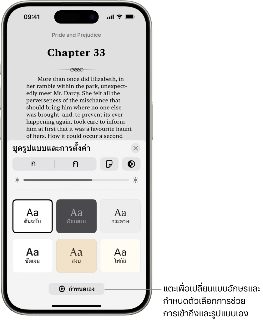 หน้าของหนังสือในแอปหนังสือ ตัวเลือกชุดรูปแบบและการตั้งค่าแสดงตัวควบคุมสำหรับขนาดแบบอักษร มุมมองการเลื่อน สไตล์การเปลี่ยนหน้า ความสว่าง และรูปแบบแบบอักษร
