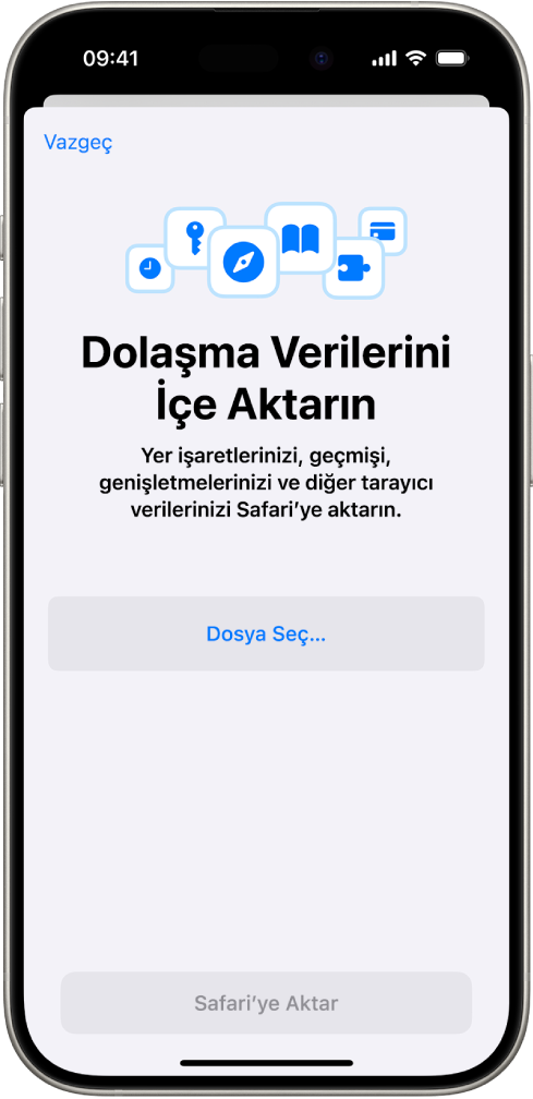 Dolaşma Verilerini İçe Aktarın ekranı, başka bir web tarayıcıdaki verilerin Safari’ye aktarıldığını gösteriyor.