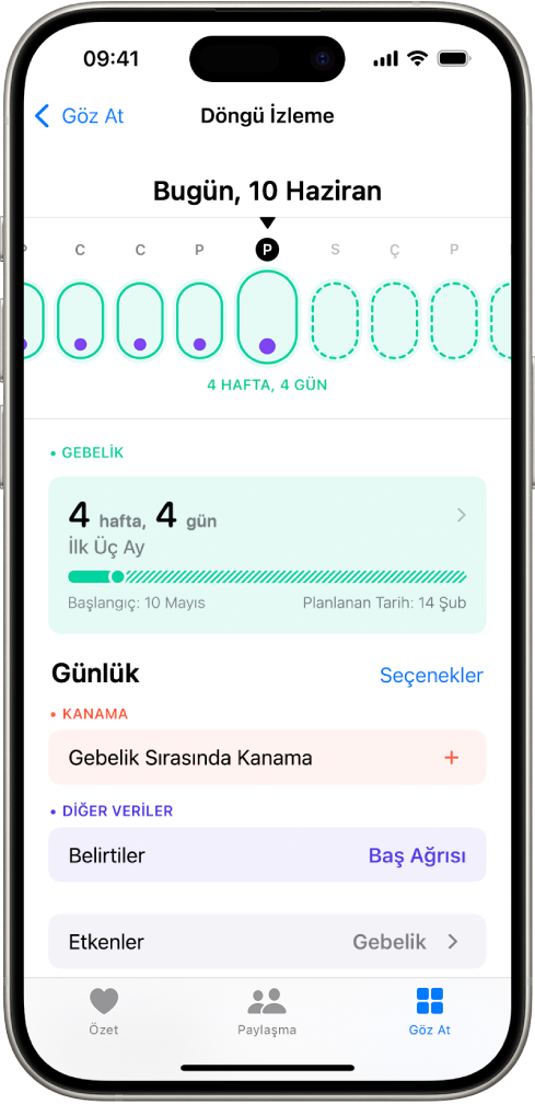 Ekranın en üstünde bir haftalık gebelik zaman çizelgesi ile Döngü İzleme ekranı. Açık yeşil ovaller ve mor noktalar, zaman çizelgesinin ilk 5 gününü işaretler. Tire işaretli açık yeşil ovaller, zaman çizelgesinde diğer günleri işaretler. Zaman çizelgesinin altında gebelik haftasını, başlangıç tarihini ve beklenen doğum tarihini gösteren gebelik özeti var. Gebelik özetinin alt tarafında gebelik sırasında kanama, belirtiler ve daha fazlası ile ilgili bilgi ekleme seçenekleri var.
