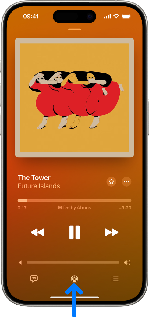 Ekranın en altında Çalma Hedefi düğmesini de içeren Müzik çalma denetimleri.