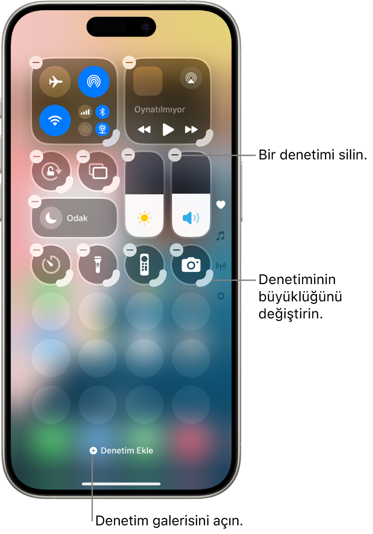 Denetim Merkezi düzenleniyor; her denetimde Sil düğmesi ve büyüklüğü değiştirme tutamağı var.