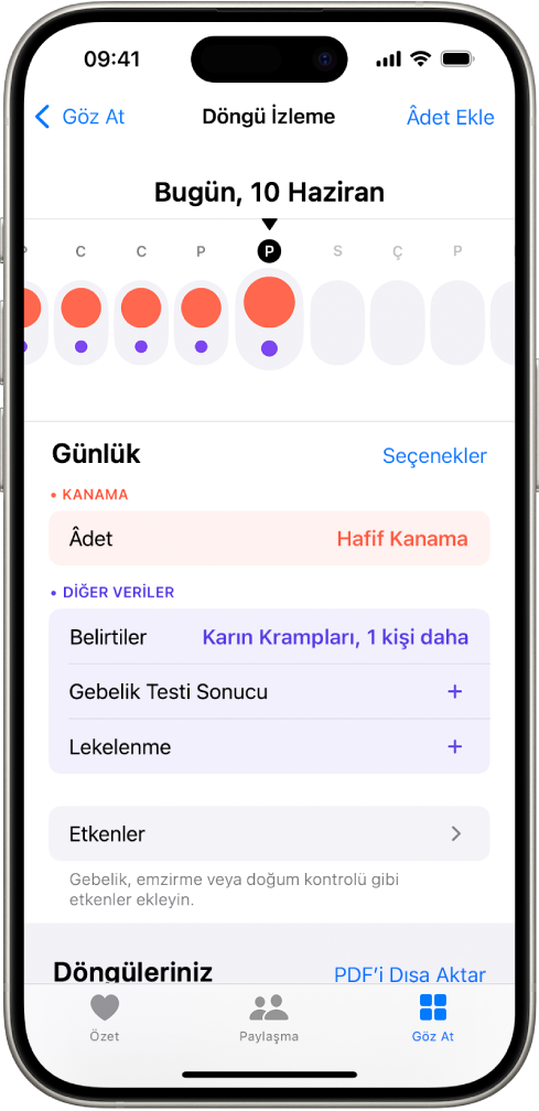 Döngü İzleme ekranı, ekranın en üstünde bir haftalık bir zaman çizelgesini gösteriyor. Düz kırmızı daireler ve mor noktalar, zaman çizelgesinin ilk 5 gününü işaretler. Zaman çizelgesinin alt tarafında âdet, belirtiler ve daha fazlası ile ilgili bilgi ekleme seçenekleri var.