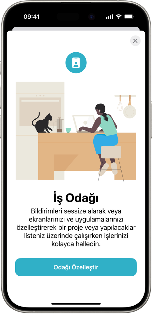 Sağlanan dört Odak seçeneğini (Rahatsız Etme, Kişisel, Uyku ve İş) gösteren bir ekran. Tüm Aygıtlarla Paylaş düğmesi, aynı Apple Hesabı’na giriş yaptığınız Apple aygıtlarınızın tümünde aynı Odak ayarlarını kullanmanızı sağlar.