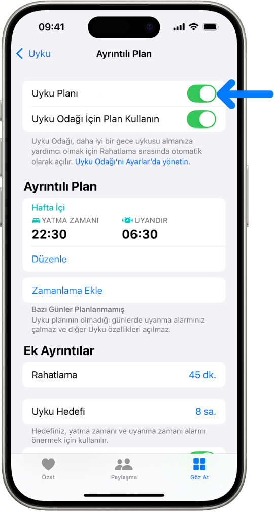 En üstte Uyku Planı açılmış olan Sağlık’taki Ayrıntılı Plan uyku ekranı.
