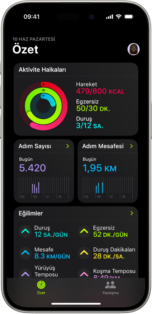 Fitness’taki Özet ekranı Aktivite Halkaları, Adım Sayısı, Adım Mesafesi ve Eğilimler alanlarını gösteriyor.