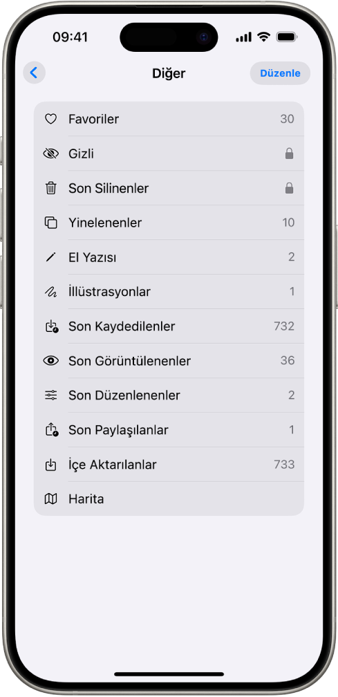 Fotoğraflar uygulamasında Diğer koleksiyonu açık ve fotoğraf koleksiyonları listesini gösteriyor.