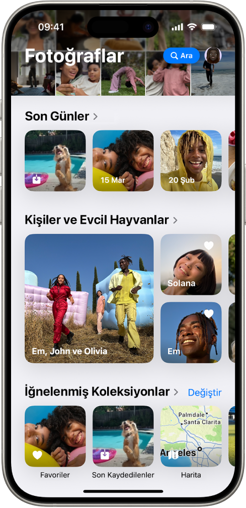 Fotoğraflar uygulaması açık. Ekranın üst tarafında fotoğraf arşivi bir ızgarada gösteriliyor. Onun altında Son Günler, Kişi ve Evcil Hayvan ve İğnelenmiş Koleksiyonlar var.