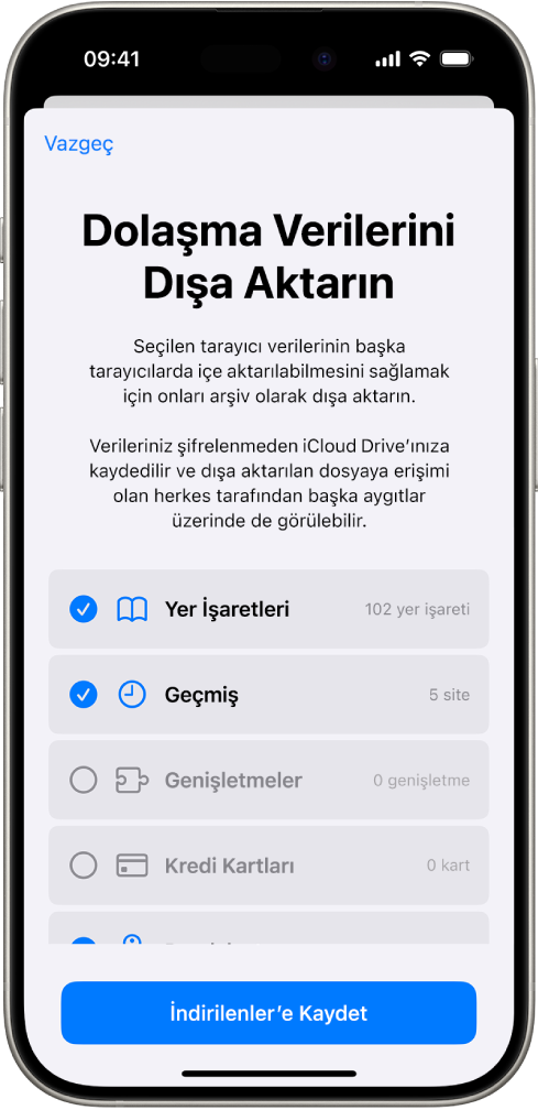 Dolaşma Verilerini Dışa Aktarın ekranı, Safari’den başka bir web tarayıcıya aktarabileceğiniz verileri gösteriyor.