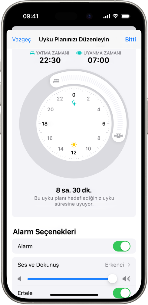 Sağlık’ta Planınızı Düzenleyin ekranı, ekranın en üstünde Yatma Zamanı ve Uyanma Zamanı saati, ekranın en altında ise alarm seçenekleri.