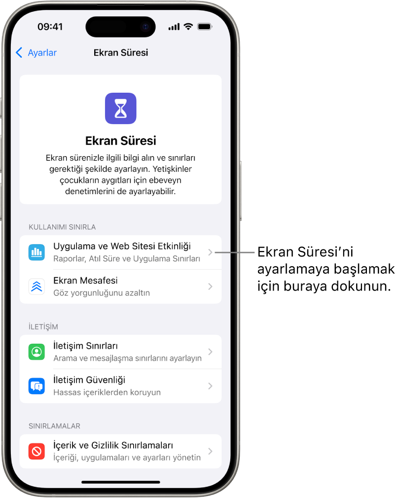 Başlamak için Uygulama ve Web Sitesi Etkinliği’ne basmayı gösteren, Ekran Süresi’ni ayarlama ekranı.