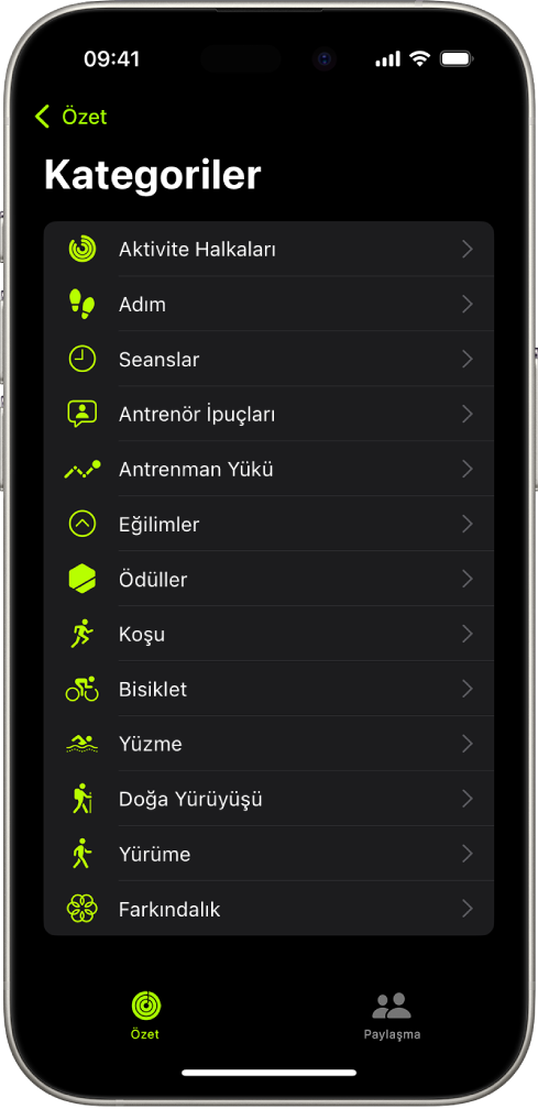 Fitness ekranı fitness kategorilerinin listesini gösteriyor.