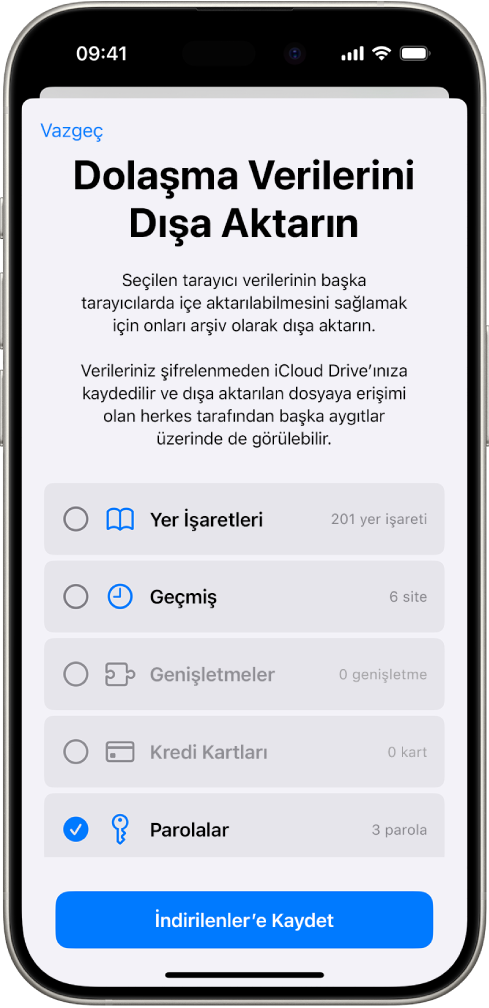 Dolaşma Verilerini Dışa Aktarın ekranında, başka bir parola yöneticisine aktarmak için Parolalar seçeneği seçili.